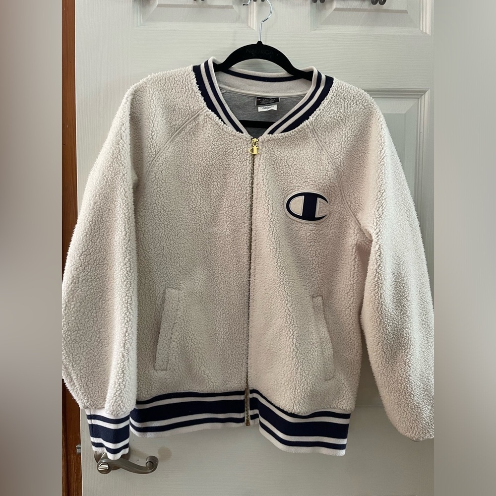 Champion Vintage Sherpa Varsity Jacket with Navy Trim and Logo